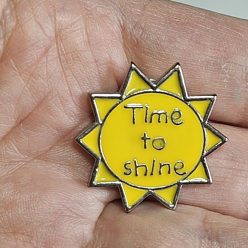 Silver Tone Yellow Enamel "Time To Shine" Sunburst Shaped Pin Lapel Hat